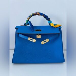 HERMES KELLY TOGO 32 CM BLUE HYDRA GOLD HARDWARE